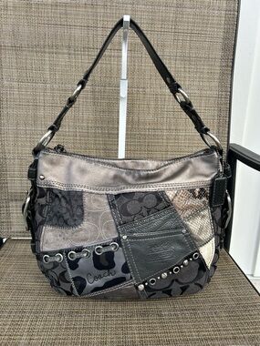Rare! COACH Vintage Purse 12901 Zoe Tonal Black Grey Patchwork Shoulder Bag